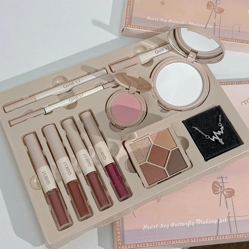 QIBEST 4 Colors Double Head Lip Glaze,Pressed Powder,Blush,Eyeshadow, Eyebrow Pencil