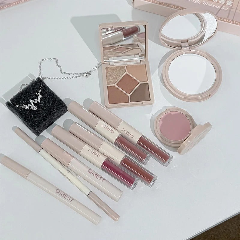 QIBEST 4 Colors Double Head Lip Glaze,Pressed Powder,Blush,Eyeshadow, Eyebrow Pencil